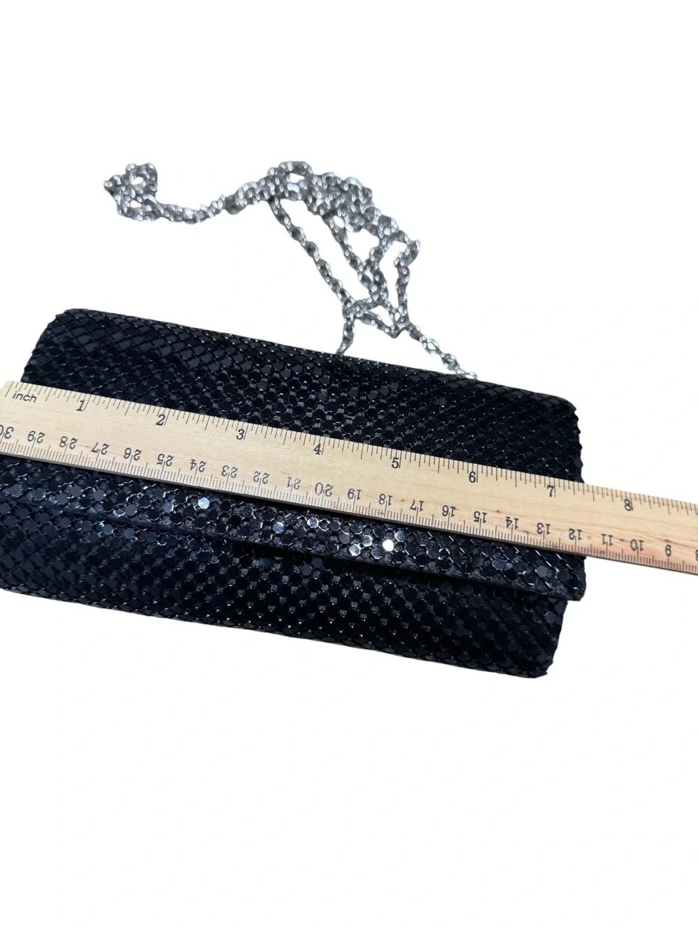 Jessica McClintock Black Sequin Evening Clutch Purse Silver Chain Strap